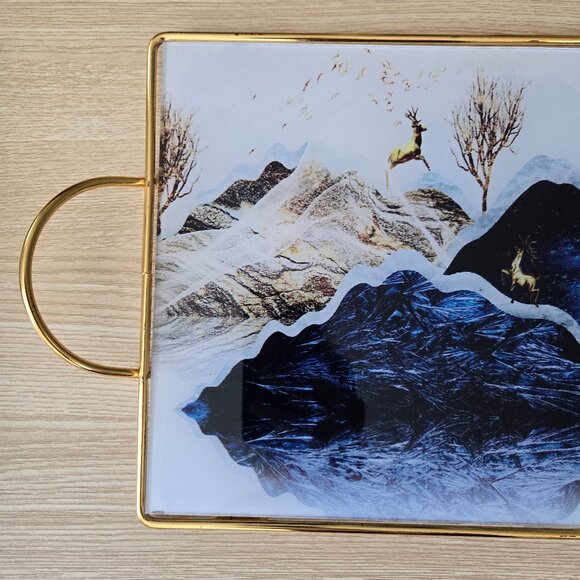 Vintage Decorative Tray with Gold Frame - Nature-Inspired Design - Picture 4 of 11
